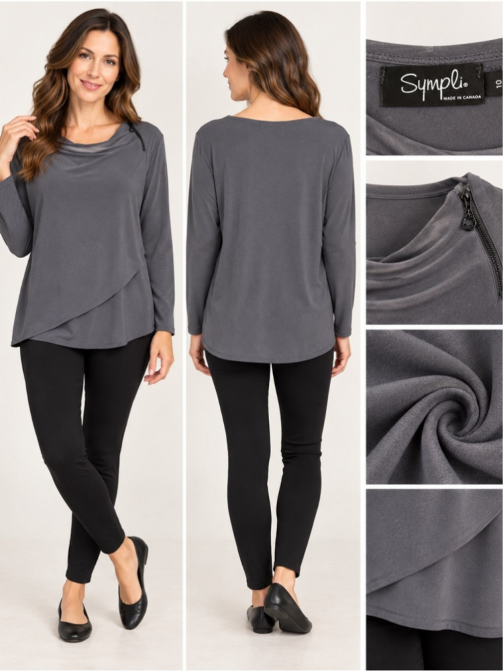 Sympli Long Sleeve Asymmetrical Overlay Top in Charcoal Gray Size 10 Travel